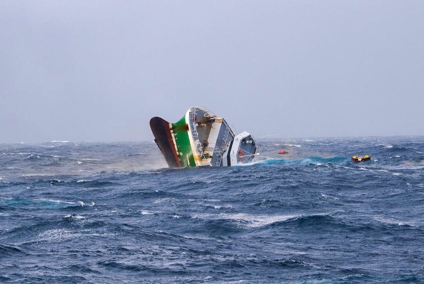 The Atlantic Destiny as it sank on George's Bank the morning of Wednesday, March 3, after an emergency broke out with the vessel the evening before. All 31 crew members survived the incident. CANADIAN COAST GUARD PHOTO