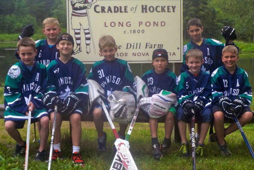 <p>This group of local Atom hockey players travelled to Portland, Maine to compete in the prestigious Lobsterfest tournament. Pictured are, from left, front row: Terran Baillie, Nolan Leighton, Nolan Oakley, Jaden Croft, Gavin Sheehy, and Camdyn Burgess; back row: Ben McCarthy, and Carter Hood. (Submitted photo)</p>