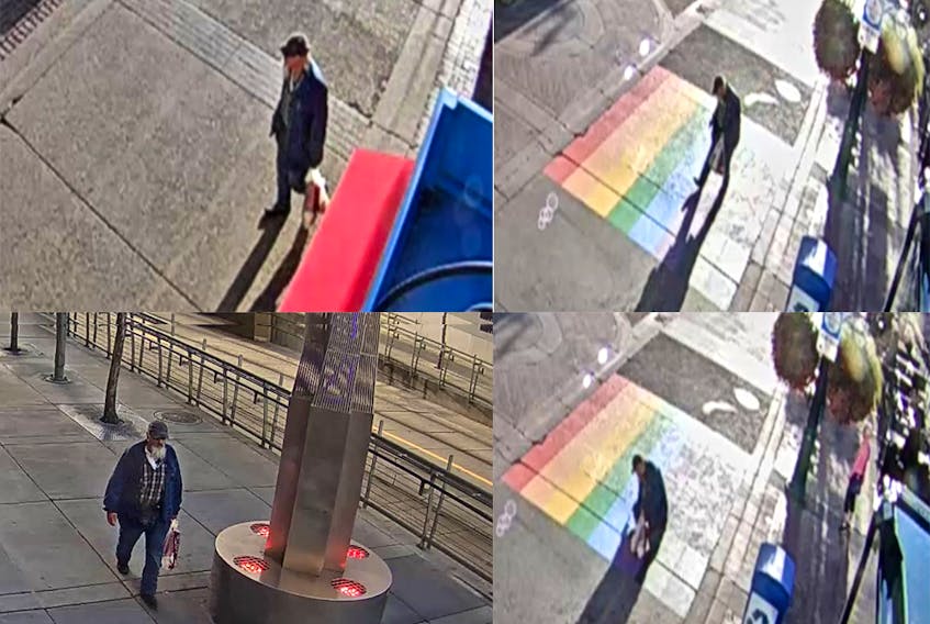 Police have released images of a possible suspect wanted in connection for vandalizing the rainbow crosswalk in downtown Calgary on August 18.