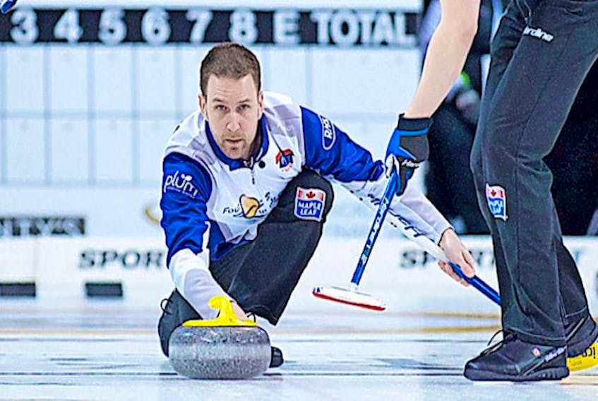 Brad Gushue is shown making a shot during the final of the Players’ Championship Grand Slam of Curling event in Toronto last weekend. Gushue and his St. John’s team of Mark Nichols, Brett Gallant and Geoff Walker won the event, defeating Brad Jacobs’ rink in the final. It was the third Grand Slam win of the season for the Gushue rink, which finished as runner-up in two other Grand Slam events in 2015-16.