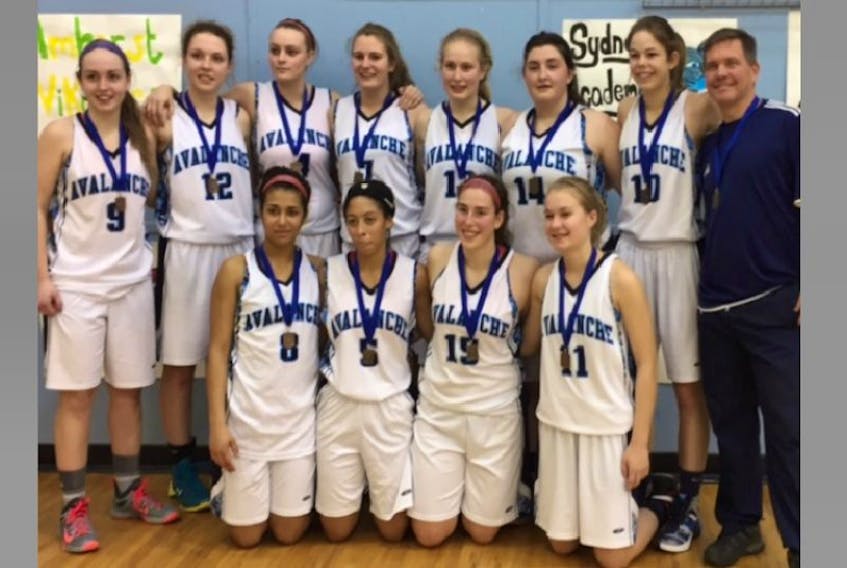 <p>The AV girls’ senior basketball team took home bronze at provincials. Pictured here are, from left, back row: Jessie Miller, Abby Miller, Rebecca Frenette, Rebekah O'Reilly, Leslie Greeno, Sam Swinamer, Jessie Bryan, and coach Jim Bryan; front row: Mckayla States, Jilisa Tempro, Sophie Parker, and Aly Greeno. (Submitted photo)</p>