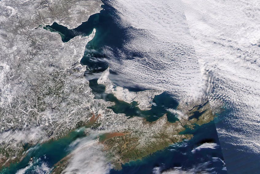 A satellite shot of the Maritimes, taken the afternoon of Jan. 21 from NASA’s Aqua satellite, showing low snow cover in Nova Scotia compared to New Brunswick and P.E.I. CONTRIBUTED