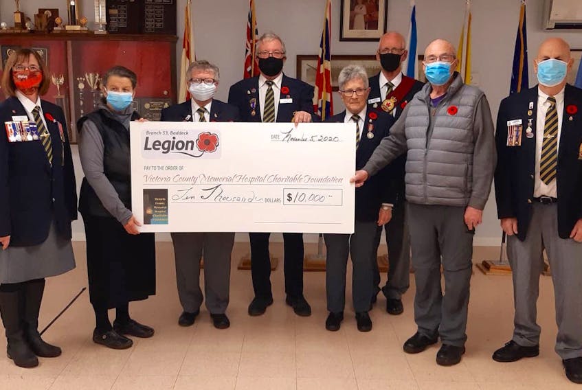 Victoria Royal Canadian Legion in Baddeck presenting the Victoria County Memorial Hospital Charitable Foundation a cheque for $10,000. From left are: Laura Dixon, legion president; Simon Carmichael, hospital foundation member; Minni Noseworthy, legion service office; Joe O’Leary, legion treasurer; Judy Ross, legion second vice-president; Colin Macdonald, legion sergeant-at-arms; Chuck Thompson, hospital foundation board chair; and Robert Dauphney, legion committee member. Contributed
