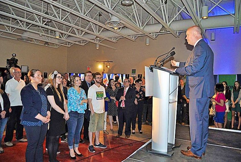 PC leader Jamie Baillie speaks to supporters early Wednesday morning in Springhill. Baillie was re-elected as the MLA for Cumberland South.