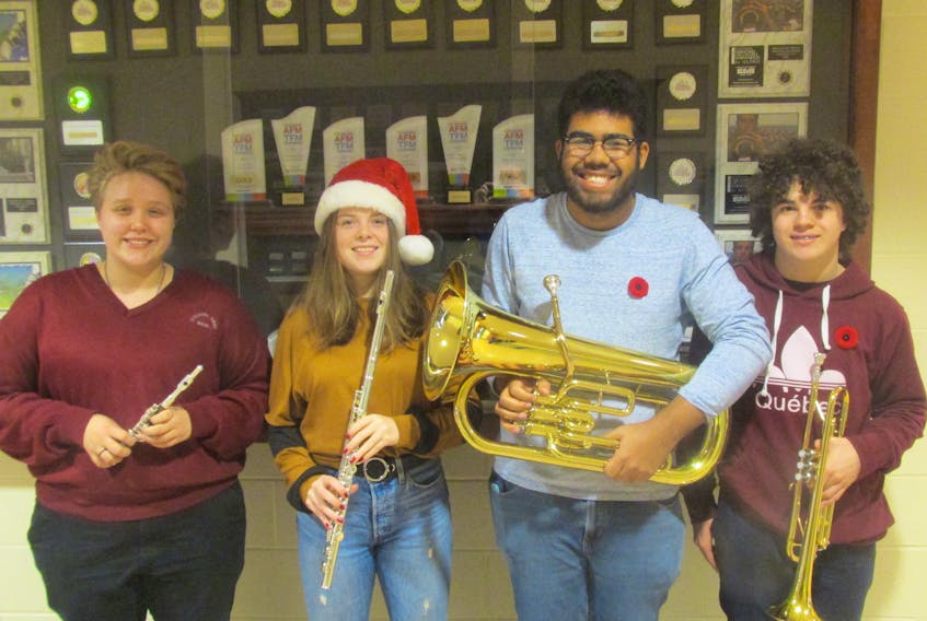 No pic is to run with The Guardian version on Thursday, just text
Students in the Colonel Gray High School band program are looking forward to the band’s  annual Christmas Craft Fair, to be held this Friday, Nov. 15 (5:30-9 p.m.) and Saturday, Nov. 16 (10 a.m. to 5 p.m.). Preparing for the band’s major fundraiser are, from left, Kal Metivier, Christina Muise, Jonah Blunte and Tyler Aitken.