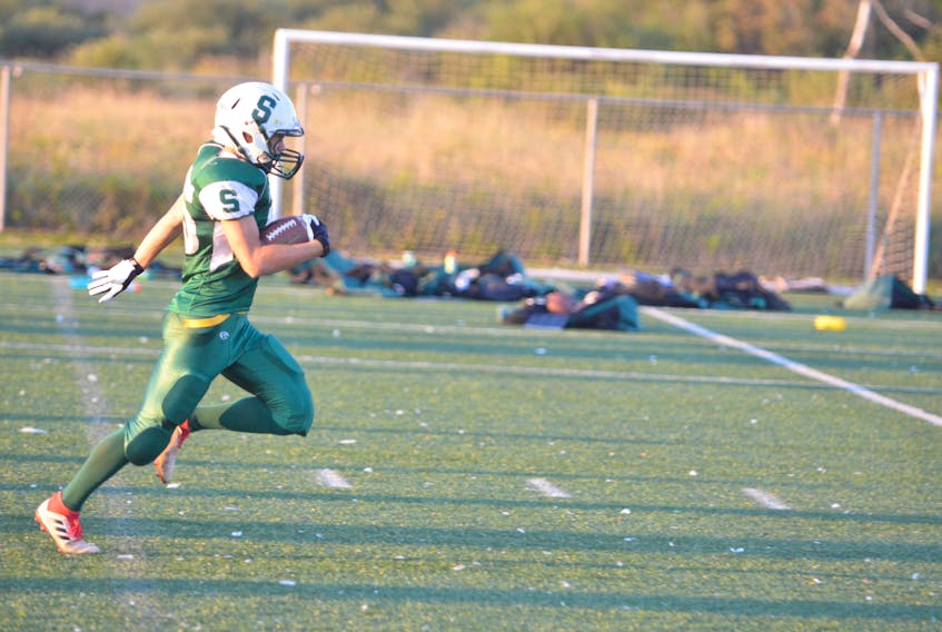 Kieran Arsenault scored five touchdowns to lead the Summerside Spartans past the Cornwall Timberwolves on Friday night. The P.E.I. Bantam Tackle Football League game was played at the Terry Fox Sports Complex in Cornwall.