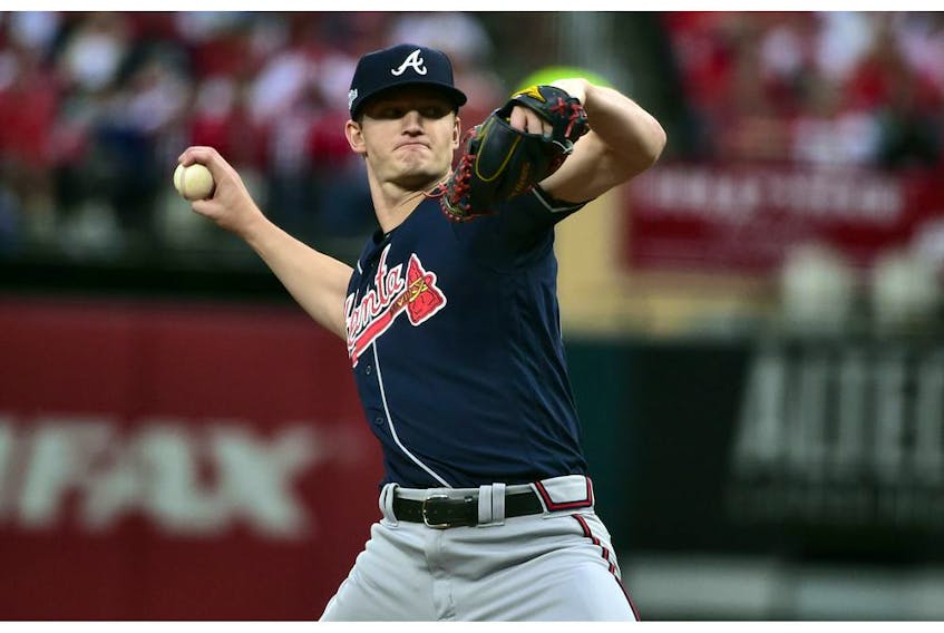  Oct 6, 2019; St. Louis, MO, USA; Atlanta Braves starting pitcher Mike Soroka (40) throws against the St. Louis Cardinals during the seventh inning in game three of the 2019 NLDS playoff baseball series at Busch Stadium.