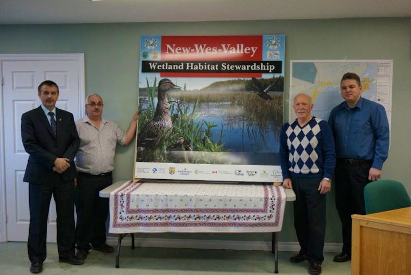 On hand for the signing of the stewardship and conservation agreement were (left to right): Fogo Island–Cape Freels mha Derrick Bragg, New-Wes-Valley councillor Winston Perry, deputy mayor Ken Hoyles and Senior Biologist, NL Eastern Habitat Joint Venture Program Jonathan Sharpe.