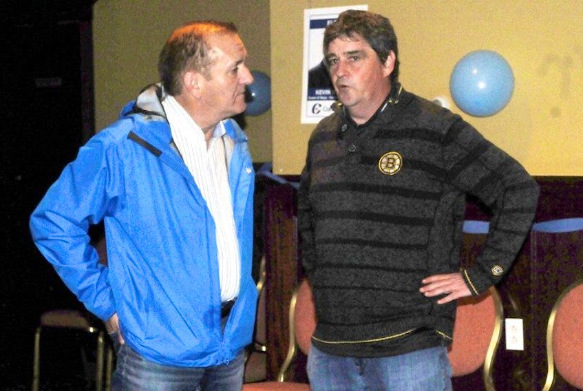 <p>Conservative candidate Kevin O’Brien speaks with a supporter at Sinbad’s Hotel and Suites in Gander following defeat in his bid for the federal riding of Coast of Bays-Central-Notre Dame.</p>