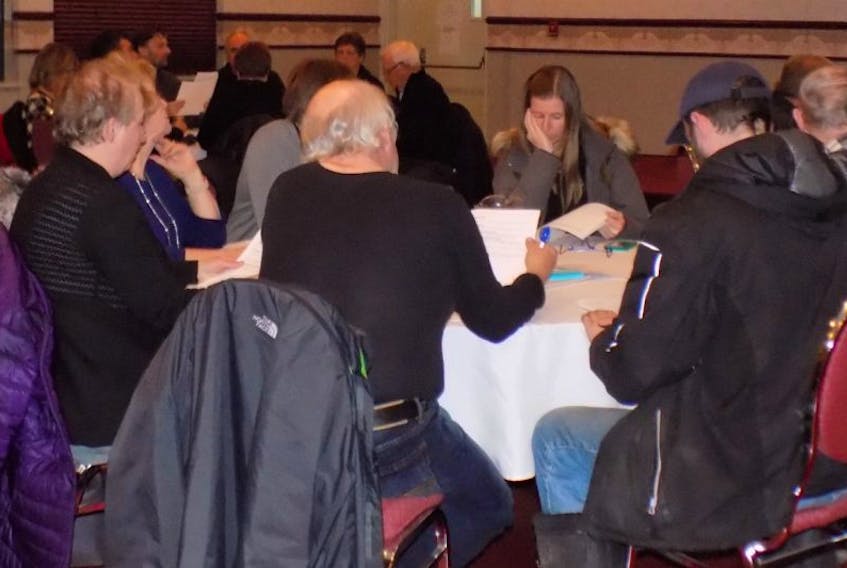 ['Around 40 people showed up for pre-budget consultations in Gander. Pictured are some attendees deliberating over the discussion topics.']