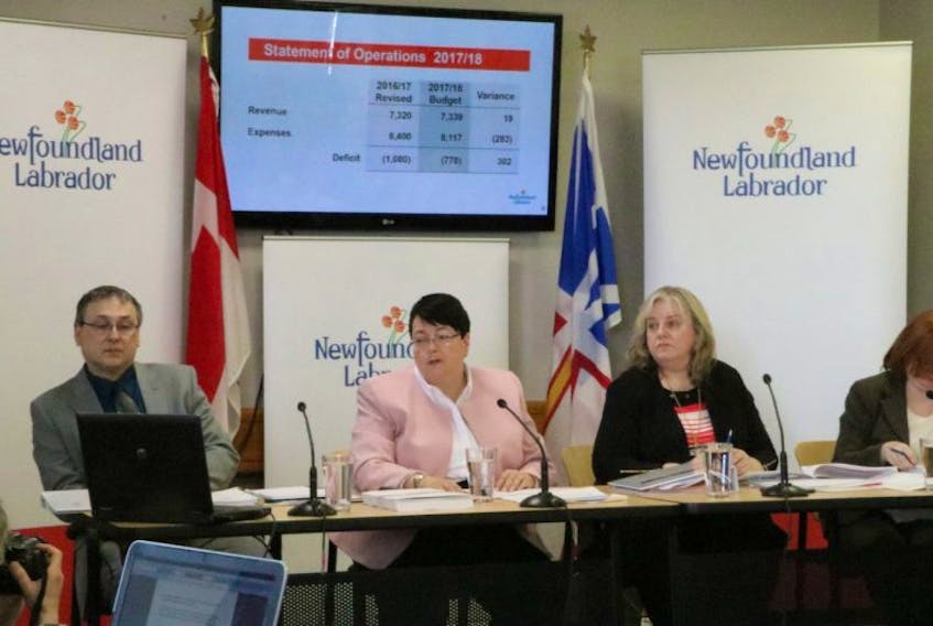 Finance Minister Cathy Bennett answers media questions prior to delivering Budget 2017 in the House of Assembly today.