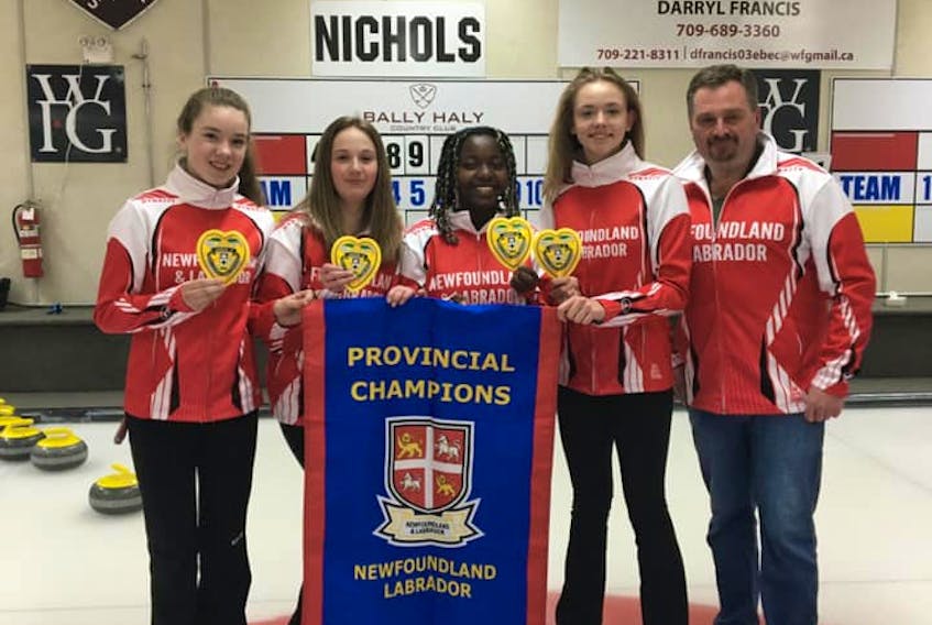 The Cailey Locke curling team — (from left) Cailey Locke, Katie Peddigrew, Sitaye Penney, Kate Young and coach Ken Peddigrew – will represent the province at the 2021 national under-18 curling championship next year in Timmins, Ont. - Facebook photo