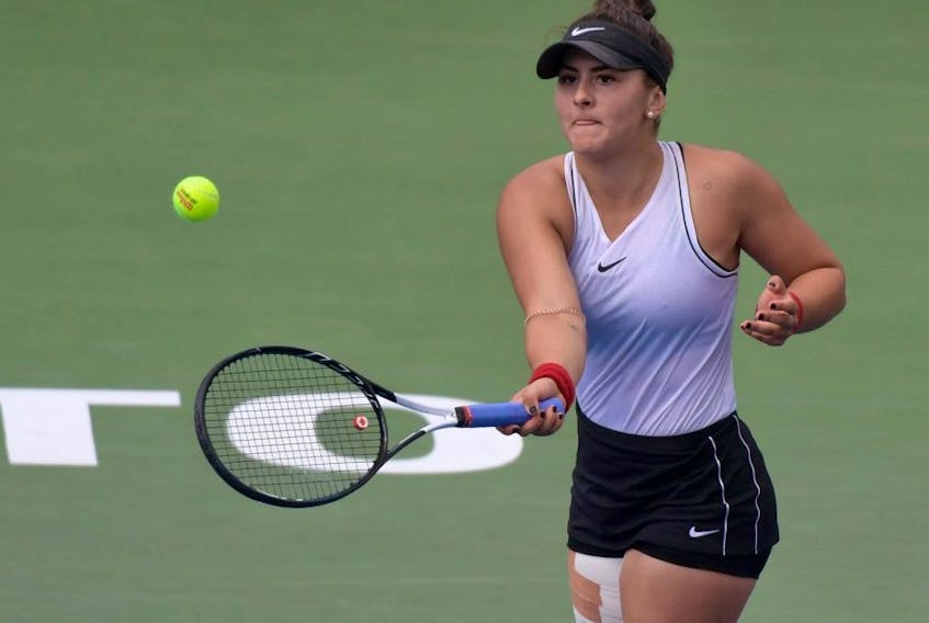  Bianca Andreescu plays a shot against Sofia Kenin during the Rogers Cup at Aviva Centre in Toronto on Saturday, Aug. 10, 2019.