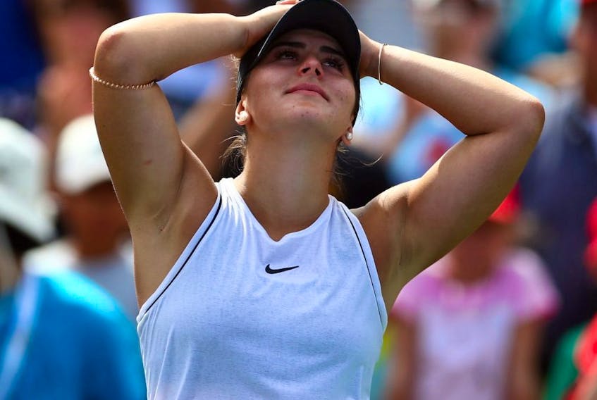 Bianca Andreescu reacts after defeating Sofia Kenin following a semifinal match on Day 8 of the Rogers Cup at Aviva Centre in Toronto on Saturday, Aug. 10, 2019.