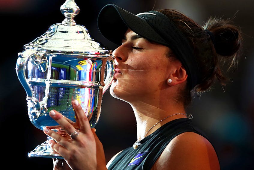  Bianca Andreescu of Canada kisses the championship trophy during the trophy presentation ceremony after winning the Women’s Singles final against Serena Williams on day thirteen of the 2019 US Open at the USTA Billie Jean King National Tennis Center on Sept. 7, 2019 in New York City. (Clive Brunskill/Getty Images)