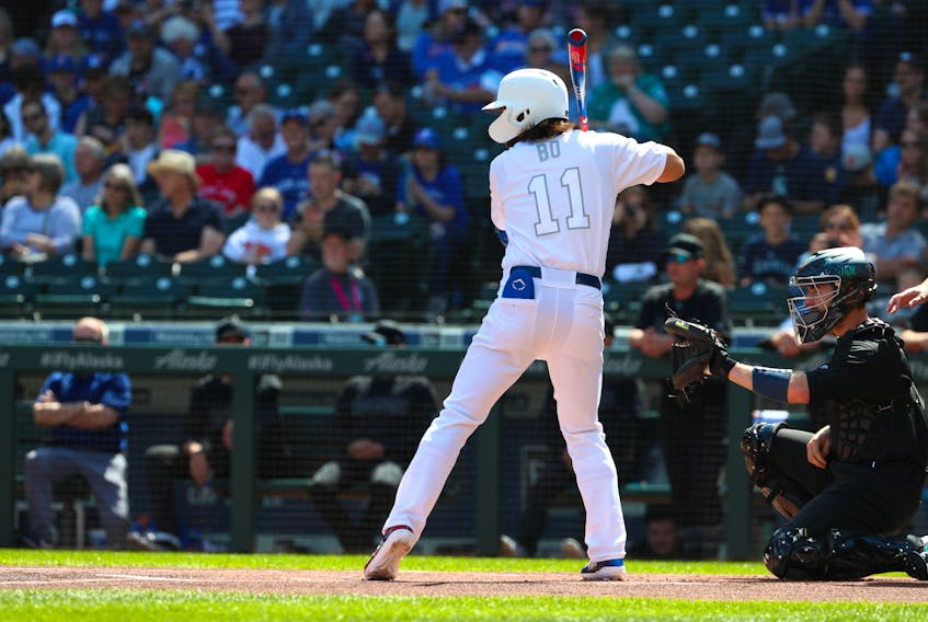 Blue Jays' Bo Bichette goes up to bat in the first inning against the Seattle Mariners at T-Mobile Park on Sunday in Seattle, Wash. (Getty Images)