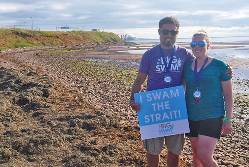 St. Andrews, Antigonish County native Jeff Burns, with his kayaker Mandy Osmond, after completing the BIG SWIM, a fundraiser in support of Brigadoon Village. Burns completed the swim from New Brunswick to P.E.I. across the Northumberland Strait. Contributed