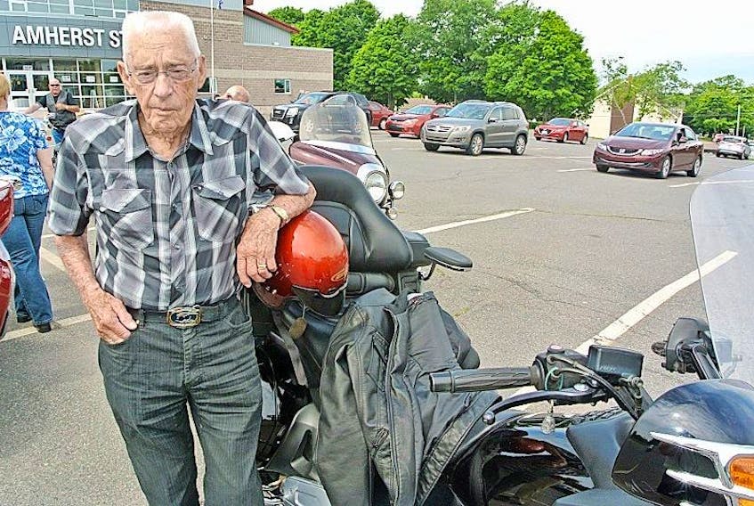 Wyman ‘Bun’ Betts may be the oldest motorcyclist in North America. The 96-year-old Wentworth man participated in the second Bordertown Biker Bash in Amherst over the weekend. He owns a 2003 Honda Goldwing motorcycle that he uses to drive around Cumberland County, although he said he makes the odd trip to Prince Edward Island.