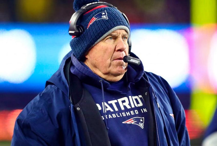 Patriots head coach Bill Belichick looks on against the Chiefs during NFL action at Gillette Stadium in Foxborough, Mass., on Dec. 8, 2019.
