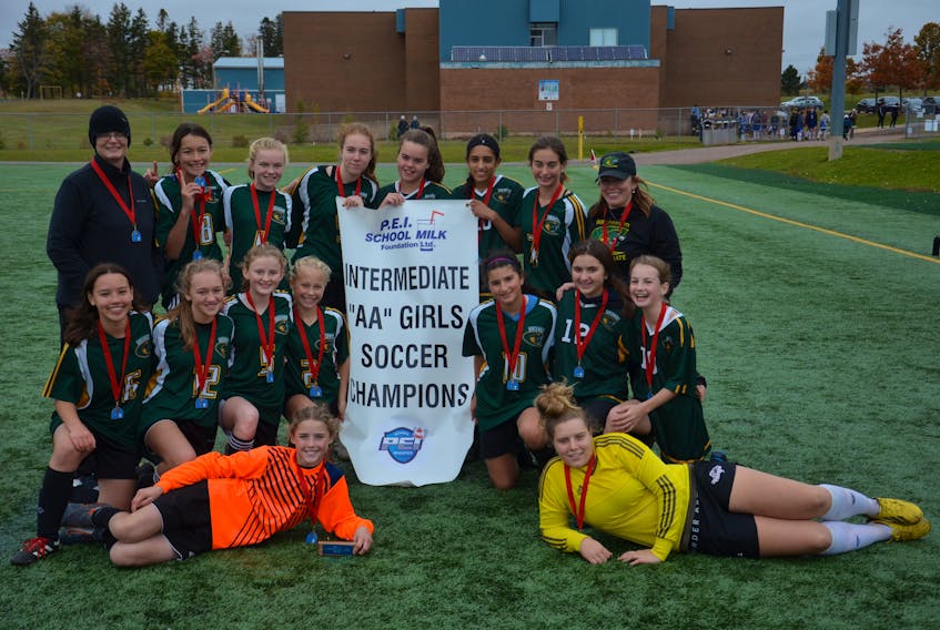 The Birchwood Cobras won the P.E.I. School Athletic Association Intermediate AA Girls Soccer League championship on Saturday. Members of the Cobras are, front row, from left, Lauren MacEachern and Faith Gray. Second row, Keili Johnston, Ryan McAlduff, Maya Fisher, Sophie McKeigan, Nikol Rabayev, Mia Hebert and Lucy Power. Third row, co-coach Sue Deighan, Lilly MacVicar, Alex Newson, Rayann Ferguson, Ally Neale, Maiya Chaudhary, Taylor Hunter and co-coach Megan Morrison. Missing from the photo are Akari MacVicar and Gabby Visser.