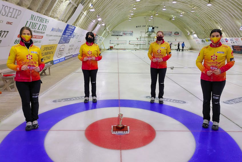 The Suzanne Birt rink from the Cornwall and Montague clubs won the 2021 Scotties P.E.I. women’s curling championship in O’Leary on Saturday. Team Birt members are, from left, Birt, alternate Kathy O’Rourke, who filled in for third stone Marie Christianson in the provincial championship; second Meaghan Hughes, and lead Michelle McQuaid.