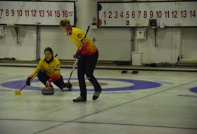 Skip Suzanne Birt makes a shot as second Meaghan Hughes prepares to sweep during the P.E.I. women’s curling championship in O’Leary in January. The Birt rink is 3-2 (won-lost) at the 2021 Scotties Tournament of Hearts Canadian women’s curling championship in Calgary.