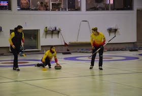 Skip Suzanne Birt makes a shot while lead Michelle McQuaid, left, and second Meaghan Hughes prepare to sweep during the recent P.E.I. women’s curling championship in O’Leary. The Birt rink is off to a 3-1 (won-lost) start at the 2021 Scotties Tournament of Hearts Canadian women’s curling championship in Calgary.