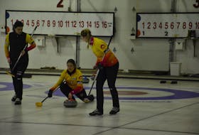 Skip Suzanne Birt releases a shot while lead Michelle McQuaid, left, and second Meaghan Hughes are ready to sweep during the P.E.I. women’s curling championship in O’Leary recently. The Birt rink is representing P.E.I. at the 2021 Scotties Tournament of Hearts Canadian women’s curling championship in Calgary this week.