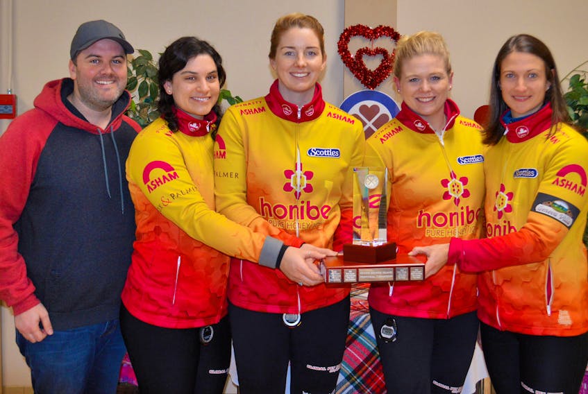 The Suzanne Birt rink from the host Montague Curling Rink won the P.E.I. Scotties Tournment of Hearts Sunday morning. From left are coach Mitchell O’Shea, lead Michelle McQuaid, second Meaghan Hughes, third Marie Christianson and skip Suzanne Birt.
