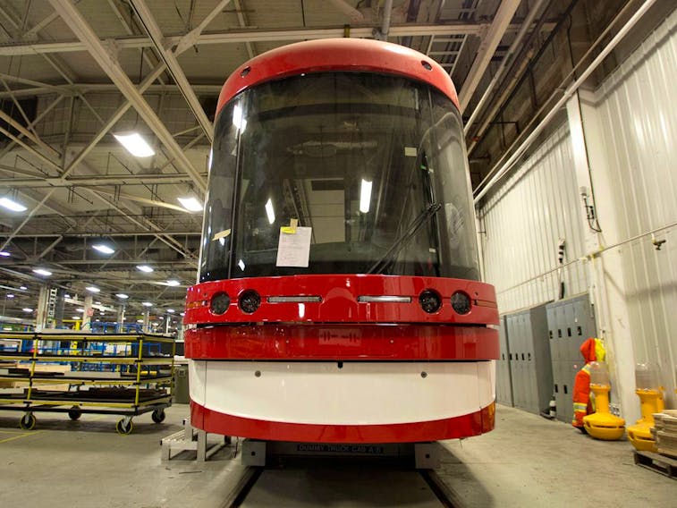 A Toronto streetcar under construction at Bombardier's Thunder Bay, Ont., facility in 2014.