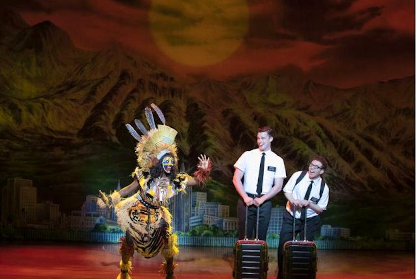  Liam Tobin (centre) is Elder Price in the North American touring show of The Book of Mormon, pictured in a scene with Monica L. Patton (left) and Jordan Matthew Brown. The show comes to Regina Sept. 25-29, 2019.