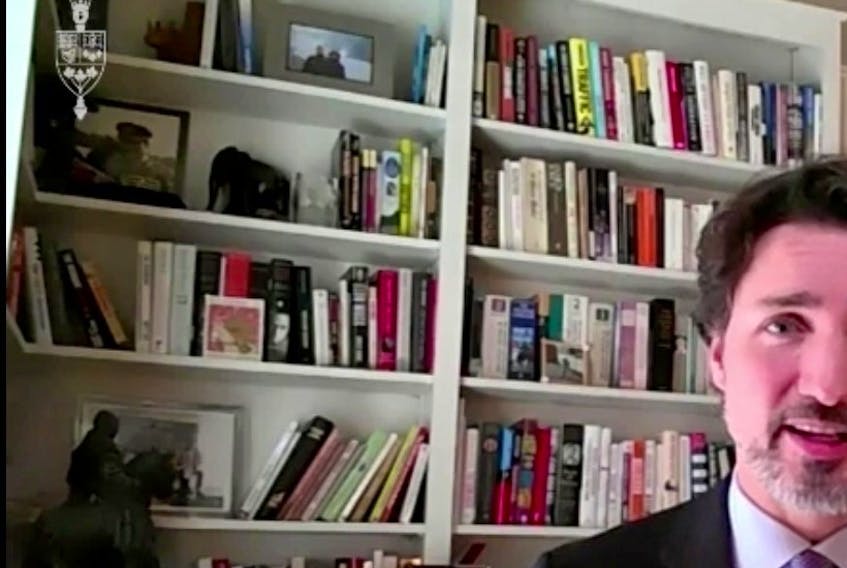 A screenshot of Prime Minister Justin Trudeau's bookcase, which contains about 100 books.