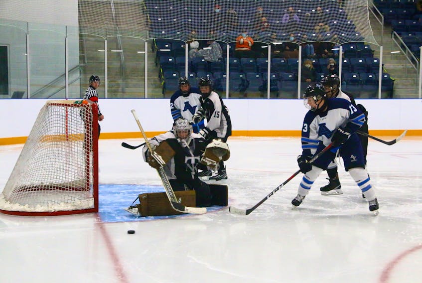 Northeast Kings Education Centre Titans’ goalie, Liam Sarsfield, managed to deflect Avon View’s Jack Gordon’s play on nets. JIM IVEY