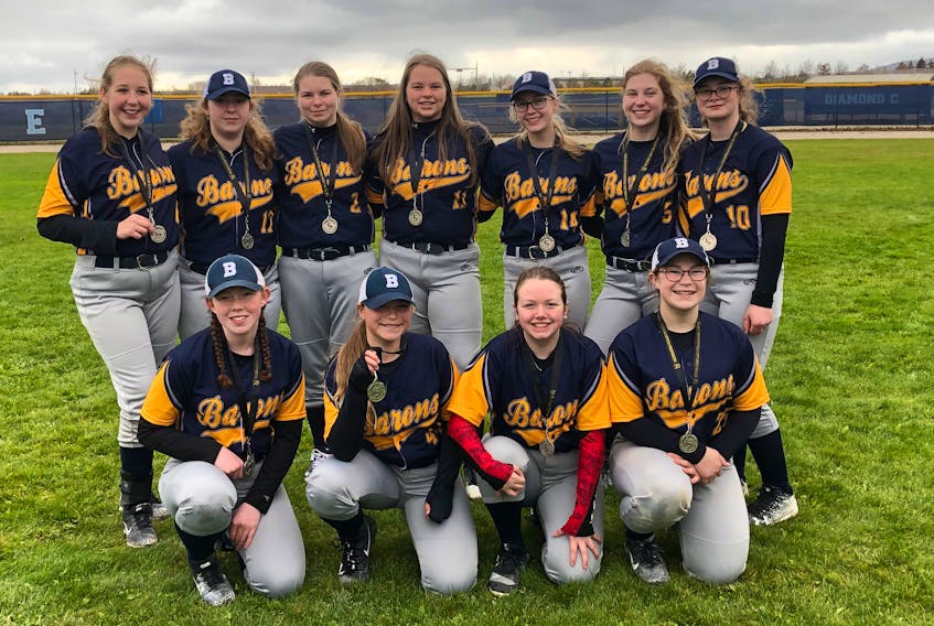 The Bishop White Barons, include, front row, from left, Emma Hookey, Ella Bailey, Marcie Hicks, and Mallory Marsh; back row, from left, Shawna Humby, Kylie Freeman, Allison Spurrell, Cheyenne Spurrell, Jennifer Hiscock, Aryn Marsh, and Chloe Dewling. CONTRIBUTED