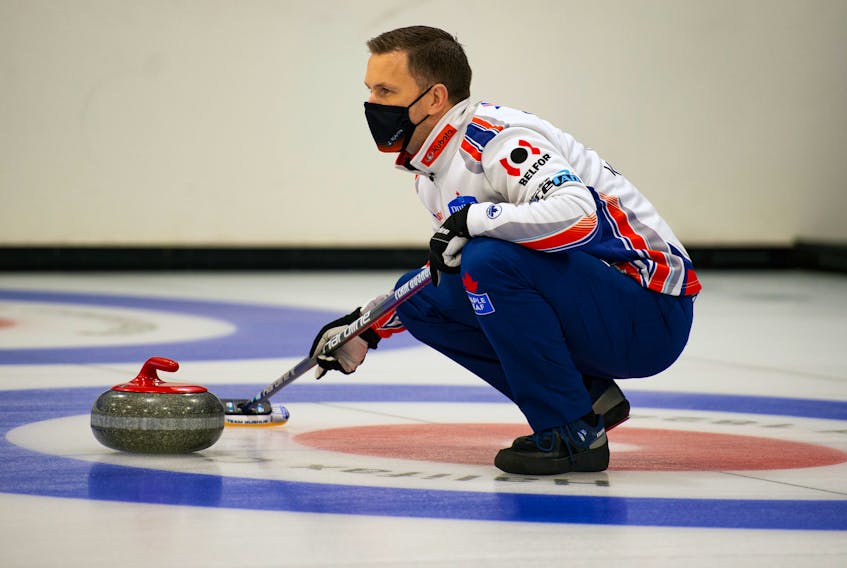 Brad Gushue instructs his sweepers during the Stu Sells 1824 Classic final on Sunday. Gushue beat Halifax's Matthew Manuel 6-2. Ryan Taplin - The Chronicle Herald