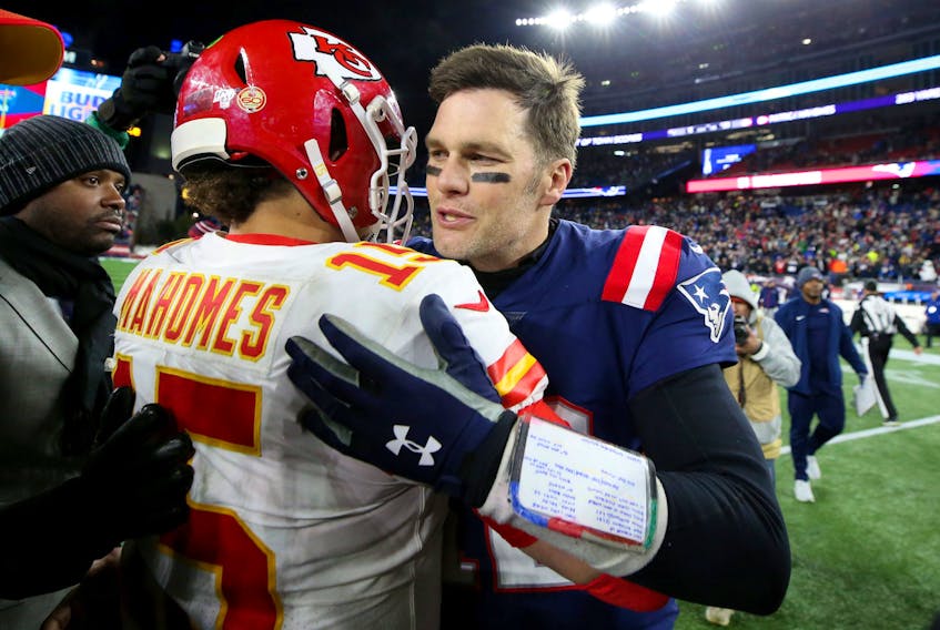Kansas City Chiefs quarterback Patrick Mahomes (left) and New England Patriots quarterback Tom Brady chat after a game last season. Brady, who has since joined the Tampa Bay Buccaneers, will be looking to right the ship against Mahomes’ 9-1 Chiefs this weekend. 