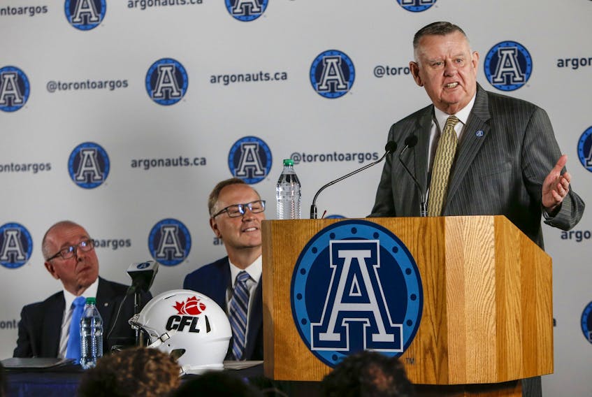 David Braley stands at the podium in May 2015 during the announced that he would be selling the Argonauts to Bell Canada and LarryTanenbaum's Kilmer Group.