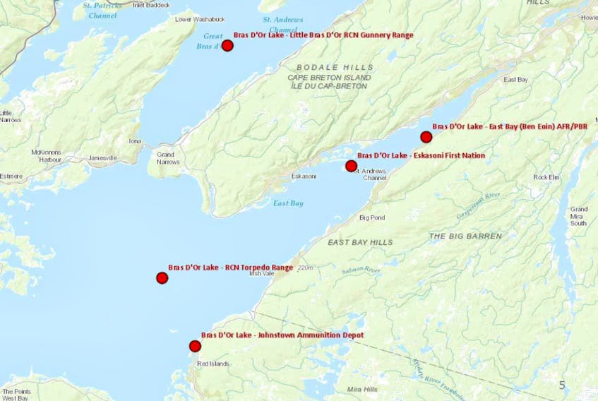 Show are five areas of the Bras d'Or Lake where the Canadian military has staged various training exercises, dating back to 1923.