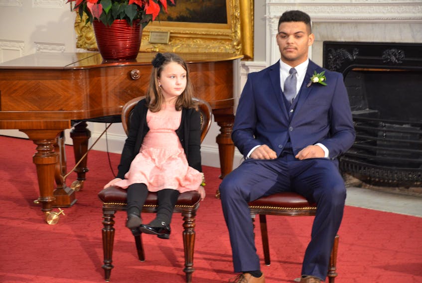 Sophia LeBlanc of Amherst and Elijah Watts of Port Hood were awarded the Nova Scotia Medal of Bravery on Wednesday at Province House. Francis Campbell