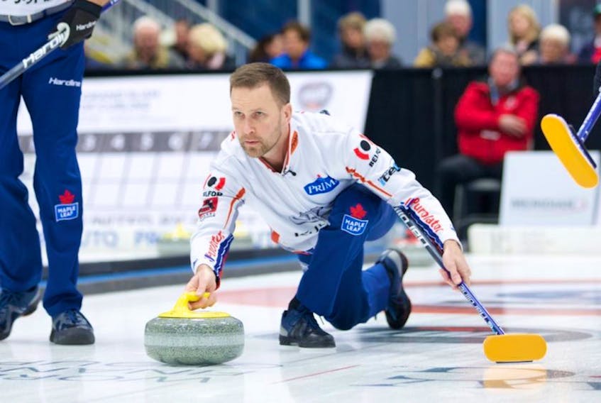 Brad Gushue is sliding into his 17th Brier Canadian men’s curling championship today in Kingston, Ont. — Grand Slam of Curling photo/Anil Mungal