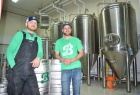 Andrew Morrow, left, and Bryan MacDonald, are the co-owners of Breton Brewing Co. on Keltic Drive. The microbrewery opens on Saturday.