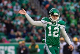 Brett Lauther, shown celebrating a field goal with the Saskatchewan Roughriders, is hoping to land a placekicking job in the NFL. Postmedia