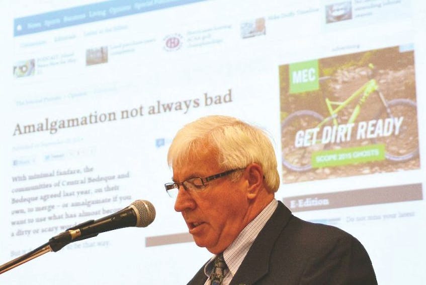 <p>Bruce MacDougall, president of the Federation of P.E.I. Municipalities, speaks to the organization’s annual general meeting, Monday in Linkletter.&nbsp;</p>
