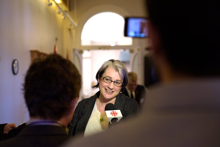 Green Party Finance Critic Hannah Bell speaks with media following the release of the provincial budget in Charlottetown, P.E.I., Friday, April 6, 2018.
