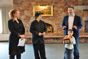 <p>The Old Orchard Inn in Greenwich won the inaugural Burger Wars competition hosted in the Annapolis Valley throughout the month of April. Campaign for Kids representatives Laura Churchill Duke, Andy Forse and five–year-old Eli Forse surprised Old O chef Joe Gillis with a Burger Wars trophy May 6.</p>