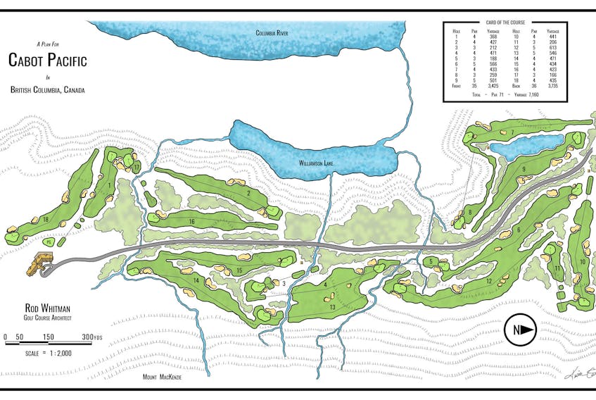 Shown is the layout for Cabot Revelstoke in British Columbia. It's reported the new course, being built by Cabot who are the owners of Cabot Links and Cabot Cliffs in Inverness, is expected to open in 2023. Photo/cabotrevelstoke.com.