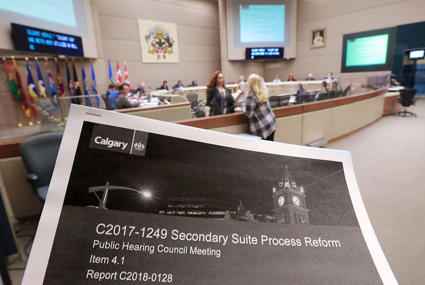 The City of Calgary council chambers were photographed during a public hearing, Thursday March 8, 2018, on changing the City's bylaw on how secondary suites are approved. Gavin Young/Postmedia