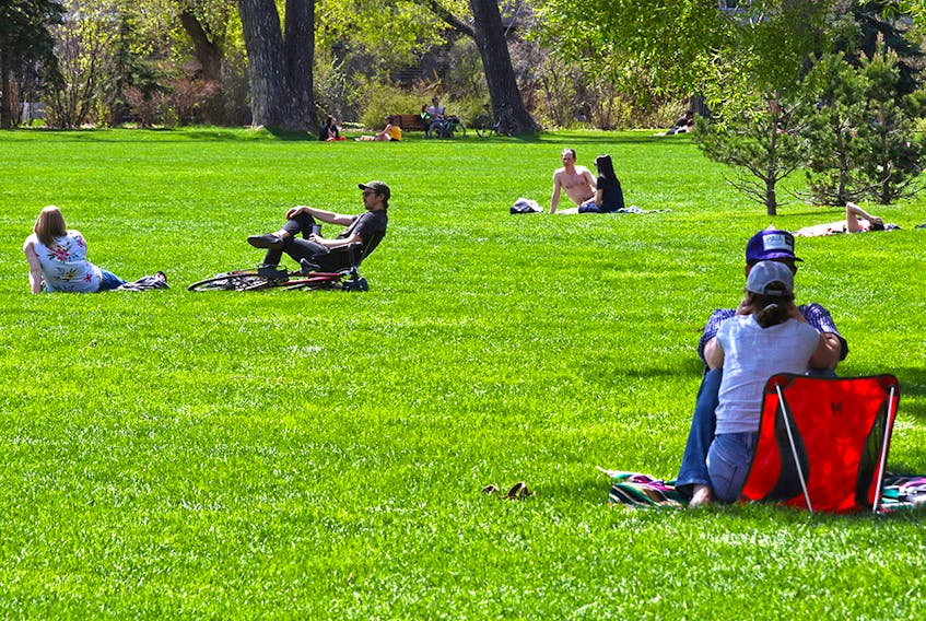There was lots of room for physical distancing in the sun at Riley Park in Calgary on Sunday, May 24, 2020.