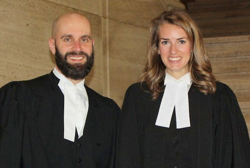 <p><span class="BodyText">Animal rights lawyer and former P.E.I. resident, Camille Labchuck and University of Alberta law professor, Peter Sankoff, before appearing in the Supreme Court of Canada recently to intervene on a landmark case regarding beastiality laws. The two appeared on behalf of Canadian charity Animal Justice.</span></p>
<div><span class="BodyText"><br /></span></div>