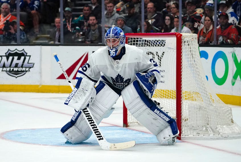 Maple Leafs goaltender Jack Campbell stands ready against the Ducks on Friday night in Anaheim, Calif. (Kirby Lee/USA TODAY Sports)